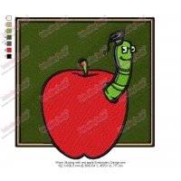 Worm Studing with red apple Embroidery Design